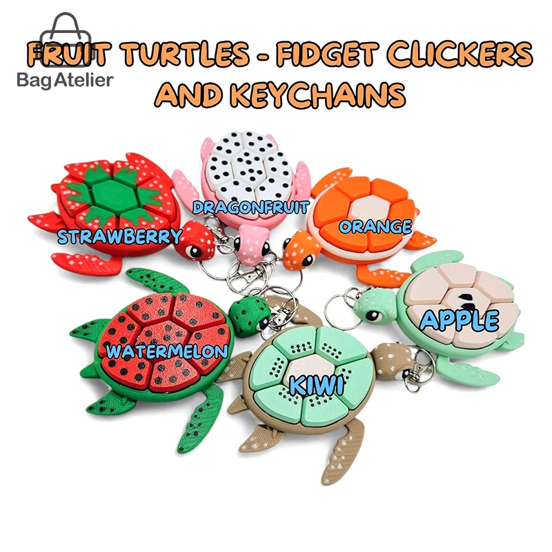 Creative Turtle Fidget Clicker 3D Bag Charm Keychain Fruit Series Sensory Character Desktop Statue Toy Keychain Anxiety Relief