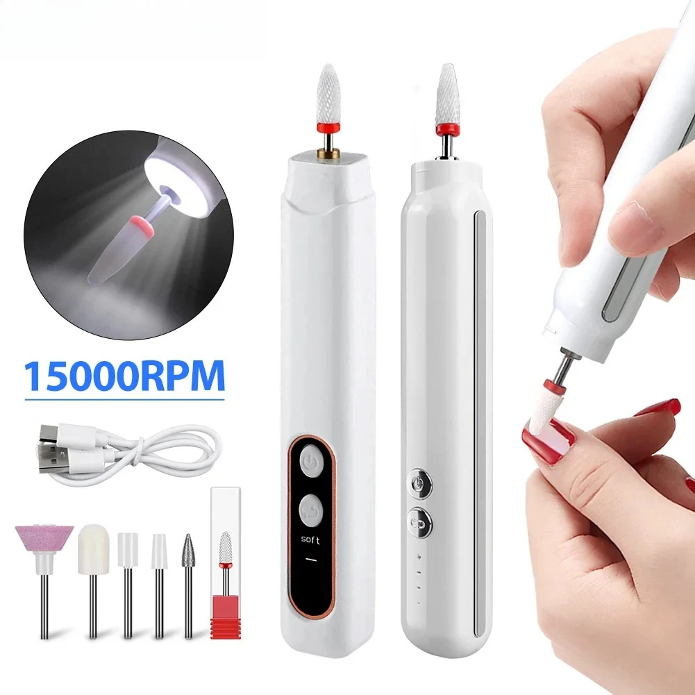 6in1 Wireless Nail Drill 15000RPM with LED Light and Screen Manicure Cutter Nail Repair Pedicure Milling Cutter Polisher Sander