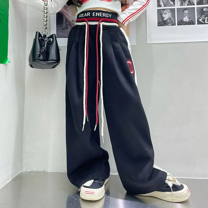 New Teenage Girls Pants Spring Autumn Casual Loose Black Gray Kids Wide Leg Pants School Children Trousers 4 6 8 10 12 14Yrs