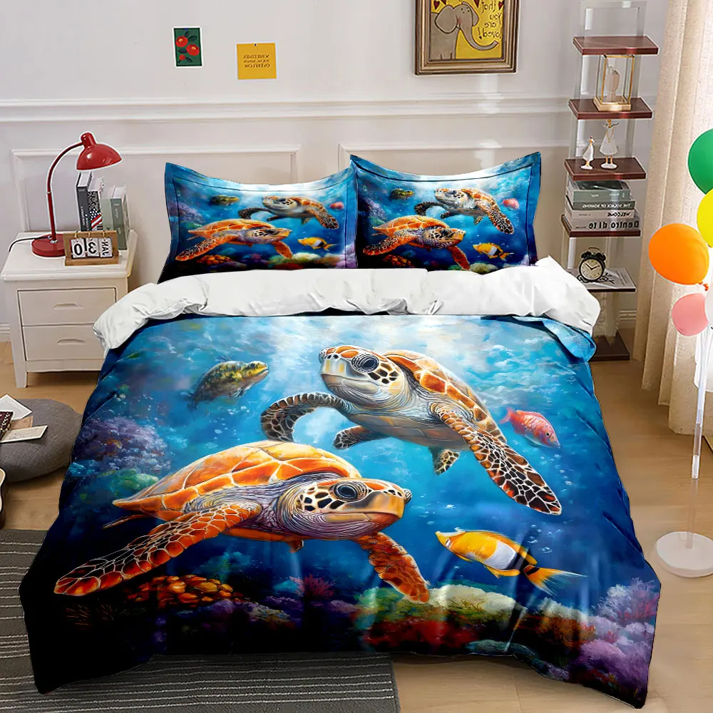 Sea Turtles and Tropical Fish Underwater Print Bedding Set 1 Duvet Cover 2 Pillowcases for Adult and Children Luxury Gift