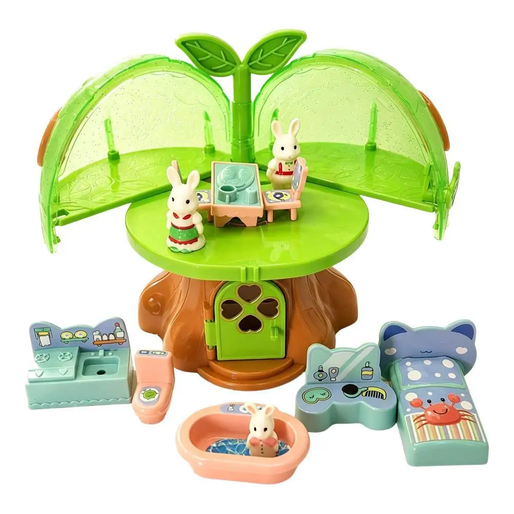 Forest Treehouse Playset With Rabbit Figures Mini Dollhouse Pretend Play Toy Folding Canopy Tree House Miniature Furniture Set