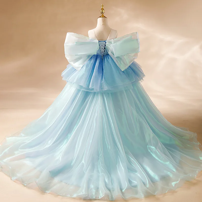 Robe de demoiselle d'honneur bleu ciel pour mariage, col en fibre, superposé, longueur au sol, jolie princesse, fête d'anniversaire, boule, quoi que ce soit