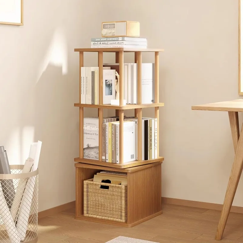 

Three-tier rotating bookshelf tower - beech wood frame rotating bookcase with storage base