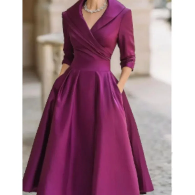 Vestido elegante para invitados de boda, vestido de noche de satén con cintura media y cuello vuelto para mujer, vestidos por debajo de la rodilla para fiesta de cóctel