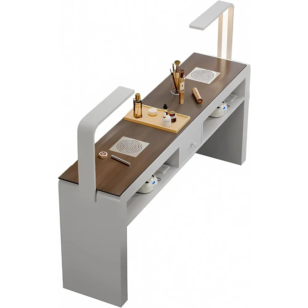 

Wooden Manicure Table with LED Lighting, Dust Collection Worktop Storage Rounded Corner Design Built-in Power Outlets Profession