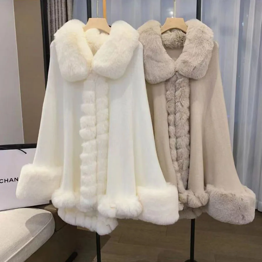 Full Trim Soft Faux Fur Cloak Coat Loose Batwing Cape Turn Down Collar Dress Smock Winter Women Knit Mantle Fashion Young