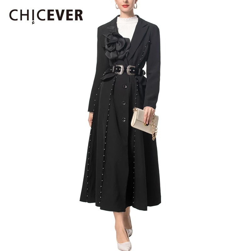 CHICEVER Solid Patchwork Appliques Trench For Women Lapel Long Sleeve Spliced Diamond Belt Slimming Temperament Coats Female New