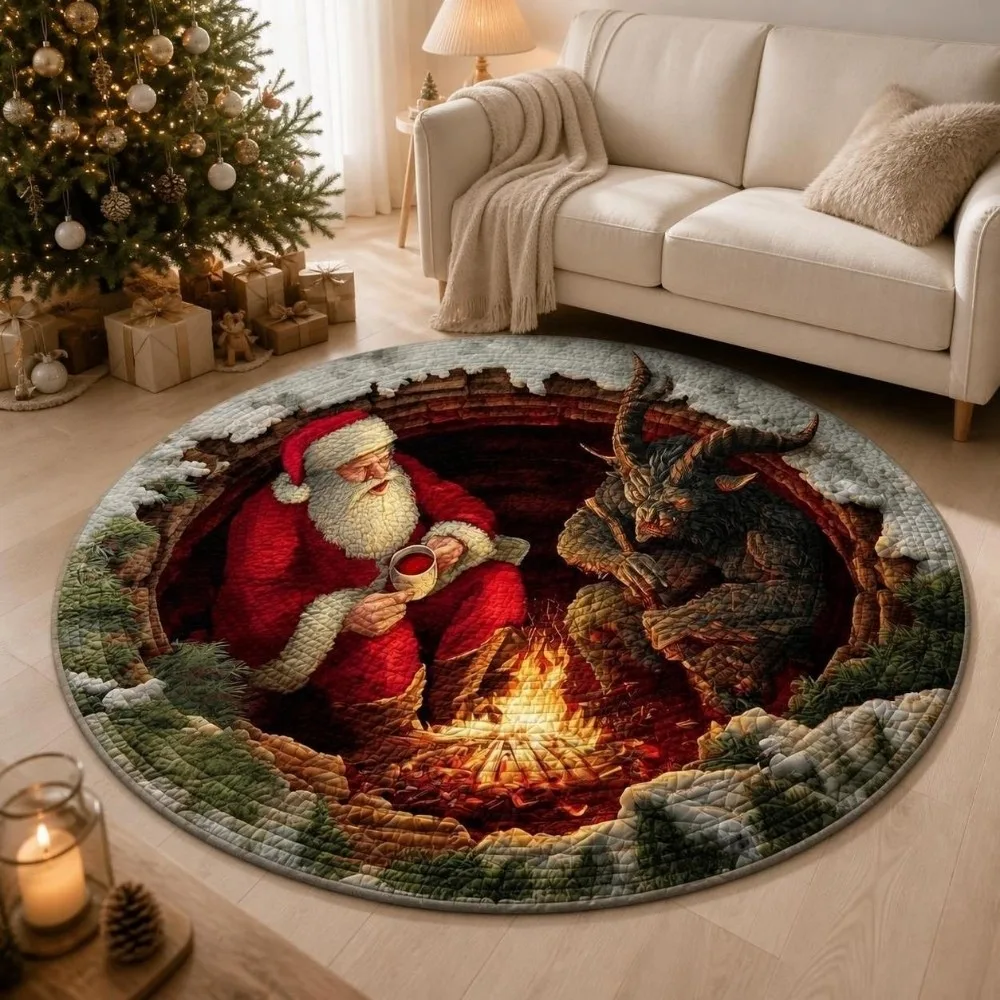 2D Flat Printed Christmas Rug Santa Claus Velvet 3D Illusion Rug Non-Slip Floor Mat Round Vortex Carpet Living Room