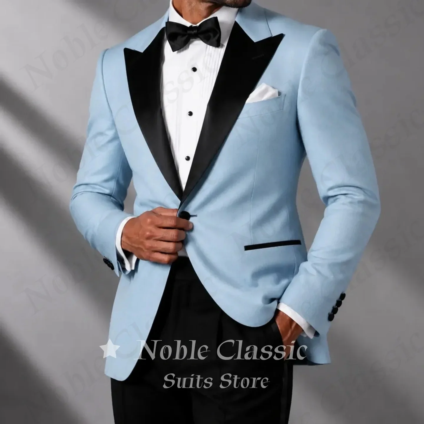 Sky Blue Suits Satin 2 Pieces Peak Lapel Tuxedo Blazer Men Beach Wedding Jacket Blazer Pants Formal Business Office Customized