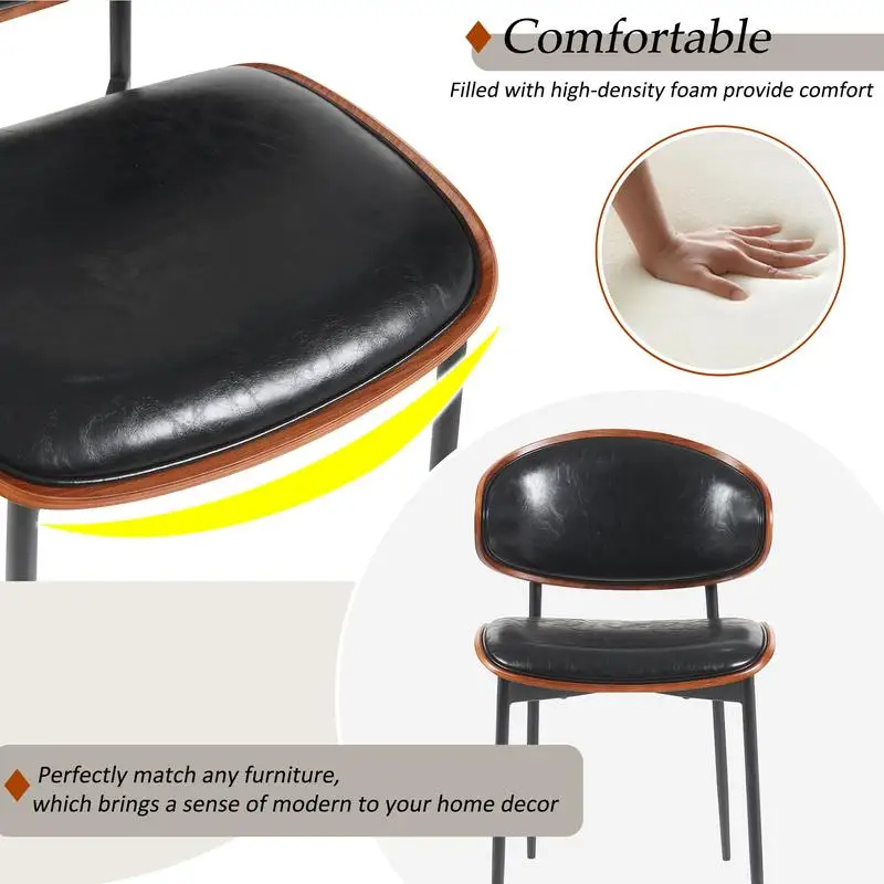 كراسي تناول الطعام الحديثة في منتصف القرن - مجموعة من 2، تصميم Bentwood مستوحى من الإيطاليا، أرجل معدنية غير لامعة، جلوس من جلد البولي يوريثان الفاخر