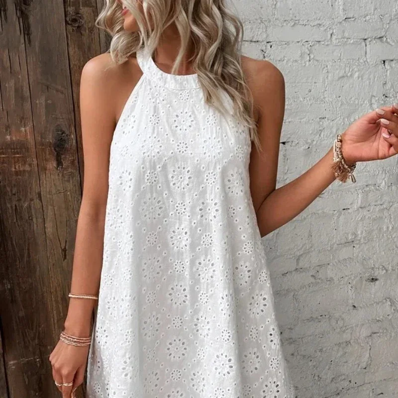 Fashion Trend Summer Women's Dress New Ladies Lace Solid Color Sleeveless Buttonless Dresses for Women 2024