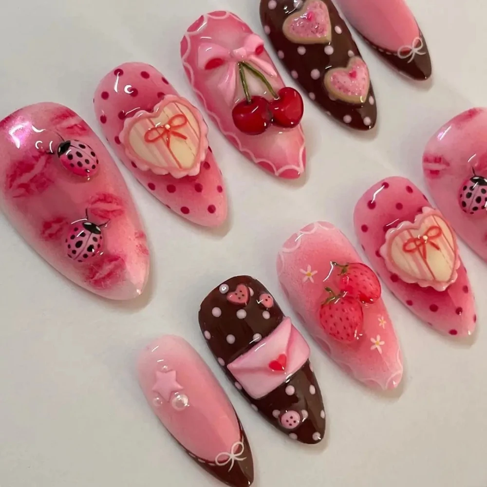 Pink Cherry & Heart Press On Nails Handmade 3D Cute Design Reusable False Nails Sweet Style Full Cover Tips for Spring Daily