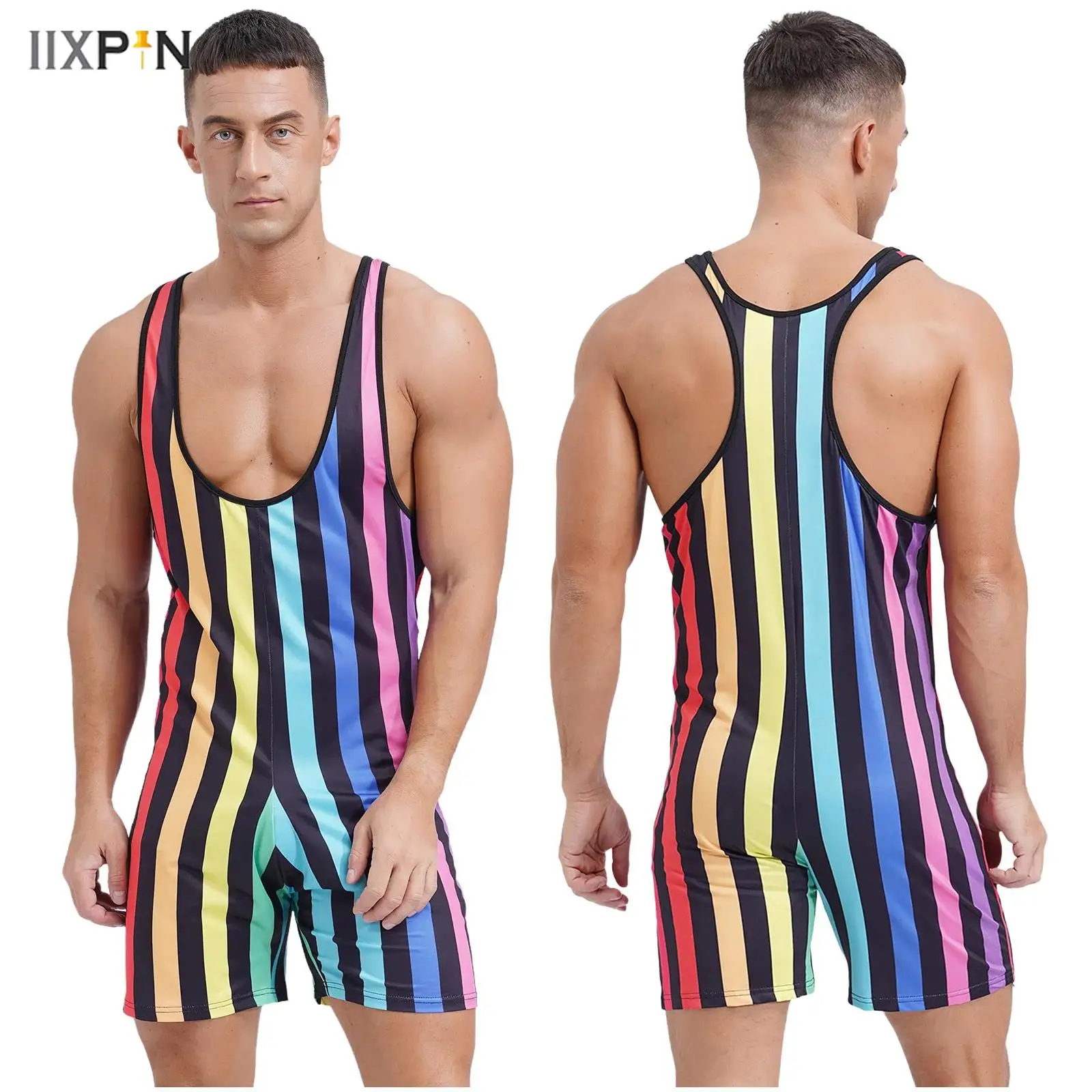 

Mens Striped Wrestling Singlet Sleeveless Slim Fit Boxer Shorts Rompers Bodybuilding Shapewear Bodysuit for Fitness Gym Sports