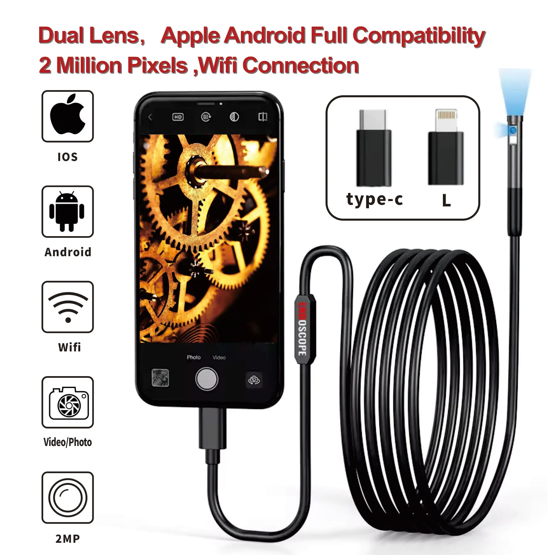 

Piping Automotive Sewer Inspection Endoscope Camera For Iphone Android 8 IOS Endoscopic Camera Smartphone 1080p Apple Tools