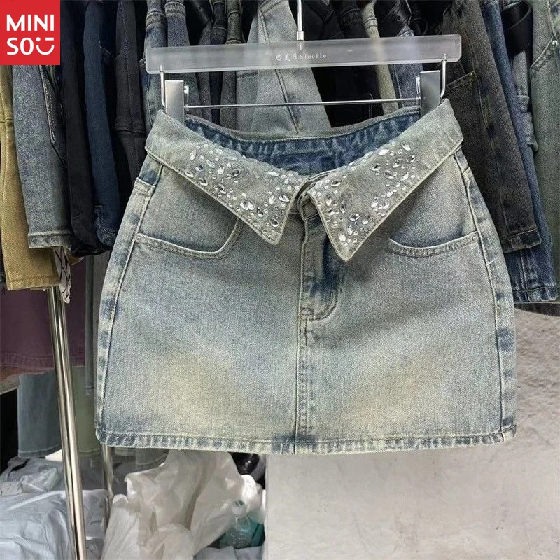 

Miniso American Vintage Inspired Lapel Design Light Blue Denim A-Line Skirt Rhinestone Embroidery Versatile Mini Skirt