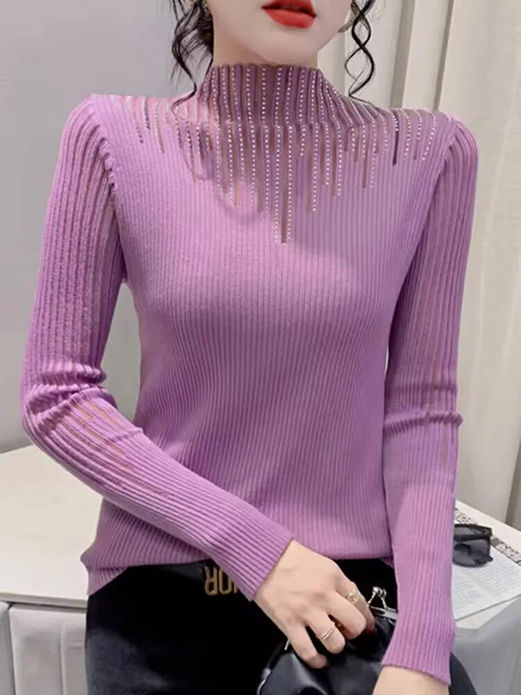 Striped Diamond Set Female Autumn Winter Woman Pullover T-shirt High Quality Half Turtleneck Sweater Hollow Out Splicing