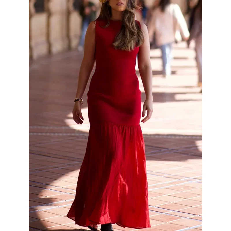 

Women's Sexy Solid Color Knitted Patchwork Sleeveless Long Dress Fashion Party Wear Summer Commuting Elegant Gown