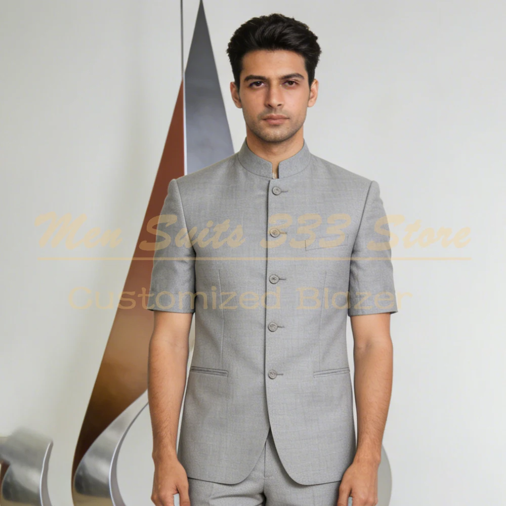 

Summer Short Sleeve Kaunda Men's Suits Customzied Solid Color Single Breasted Stand Lapel Skinny 2 Piece Jacket Pants Blazer