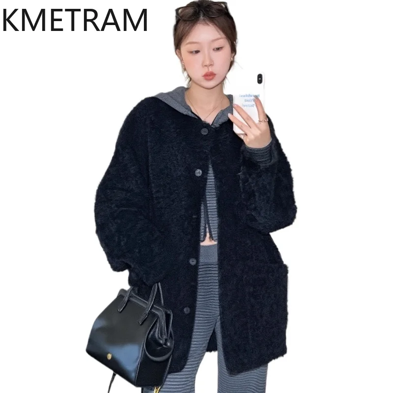 KMETRAM 100% Merinowol Schapenvacht Bontjas Dubbelzijdig Echt Bont Zwarte Jas Herfst-Winter Eenvoudige Kleding 2025 vestes femmes