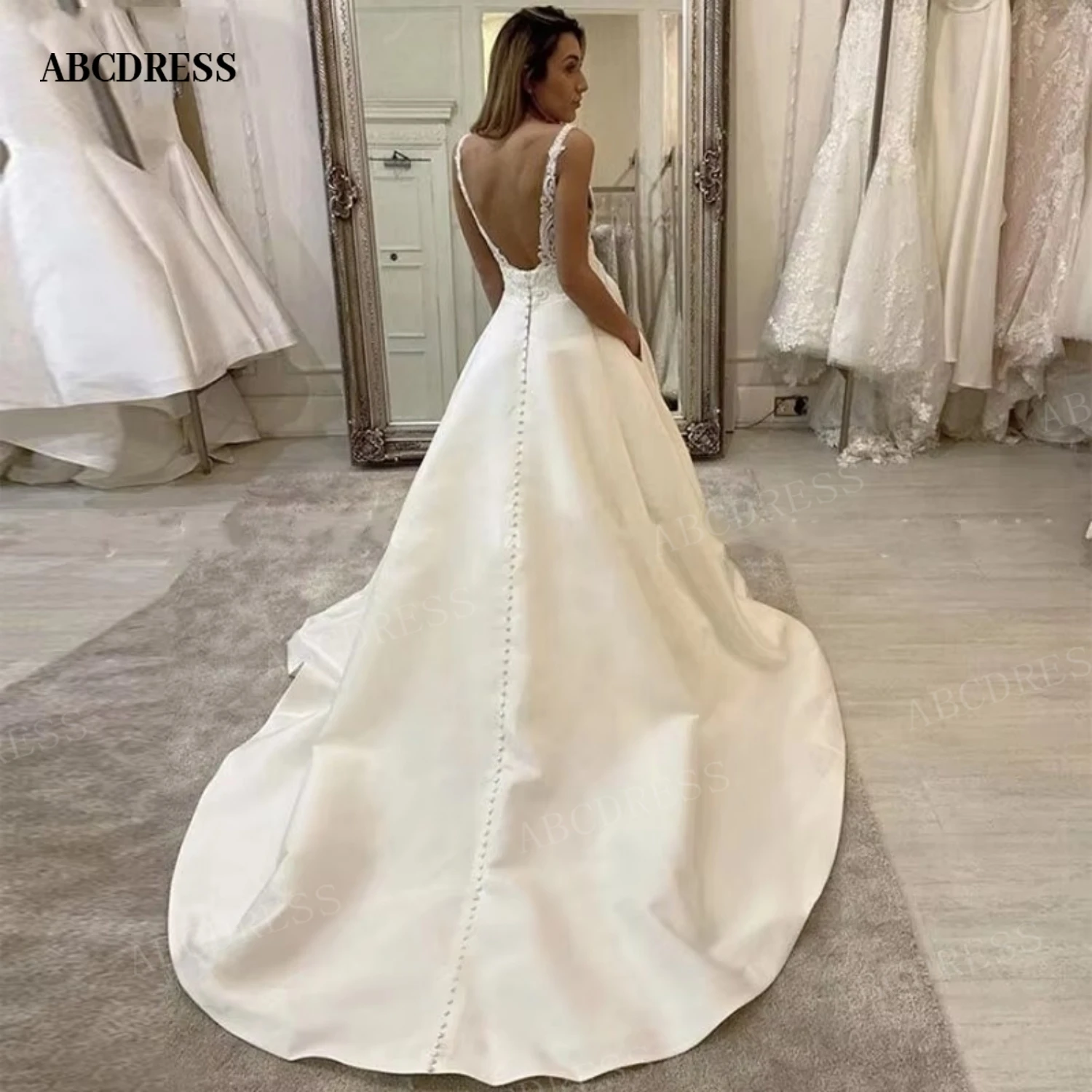 ABCDRESS Custom Deep V Neck Satin A Line Wedding Dress Lace Bodice Low Back Button Sweep Train Elegant Dubai Bridal Gown