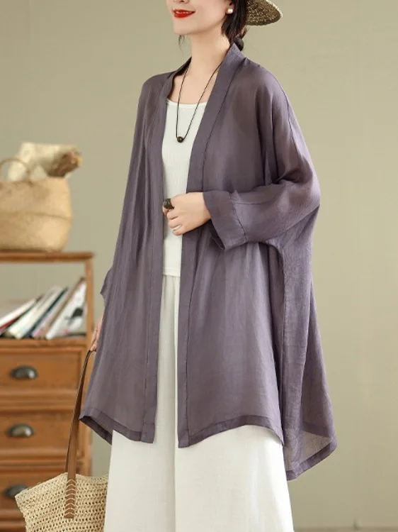 

Chinese Style Loose Casual Color Shirt Cardigan Large Size Women's Mid-Length Drawstring Sun Protection Top Coat