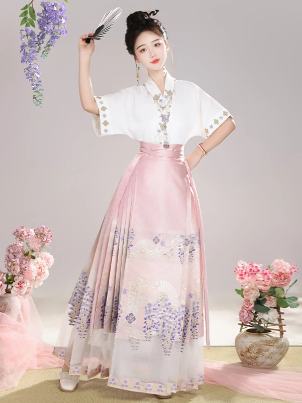 طقم تنورة هانفو الأصلي للنساء باللون الأرجواني بنمط الشرق، تنورة نصفية للخريف والشتاء، تصميم للبالغين، مصنوع من ألياف البوليس...