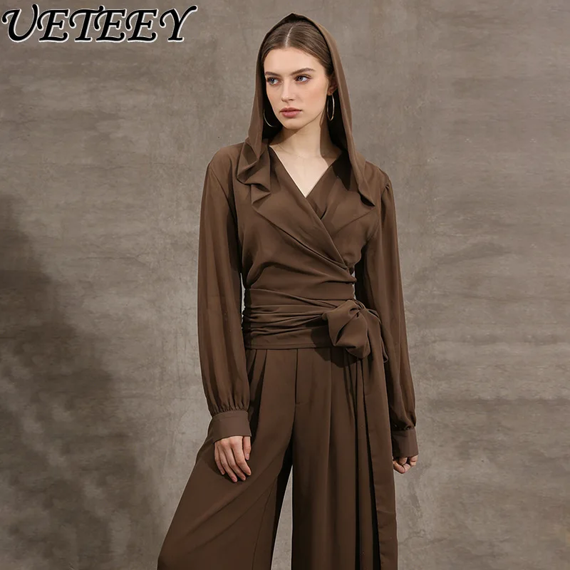 

European Style Hooded Chiffon Tie-waist Slim Fit High Waist Blouse 2026 Spring New Women Shirt Collection Tie-up Long Sleeve Top