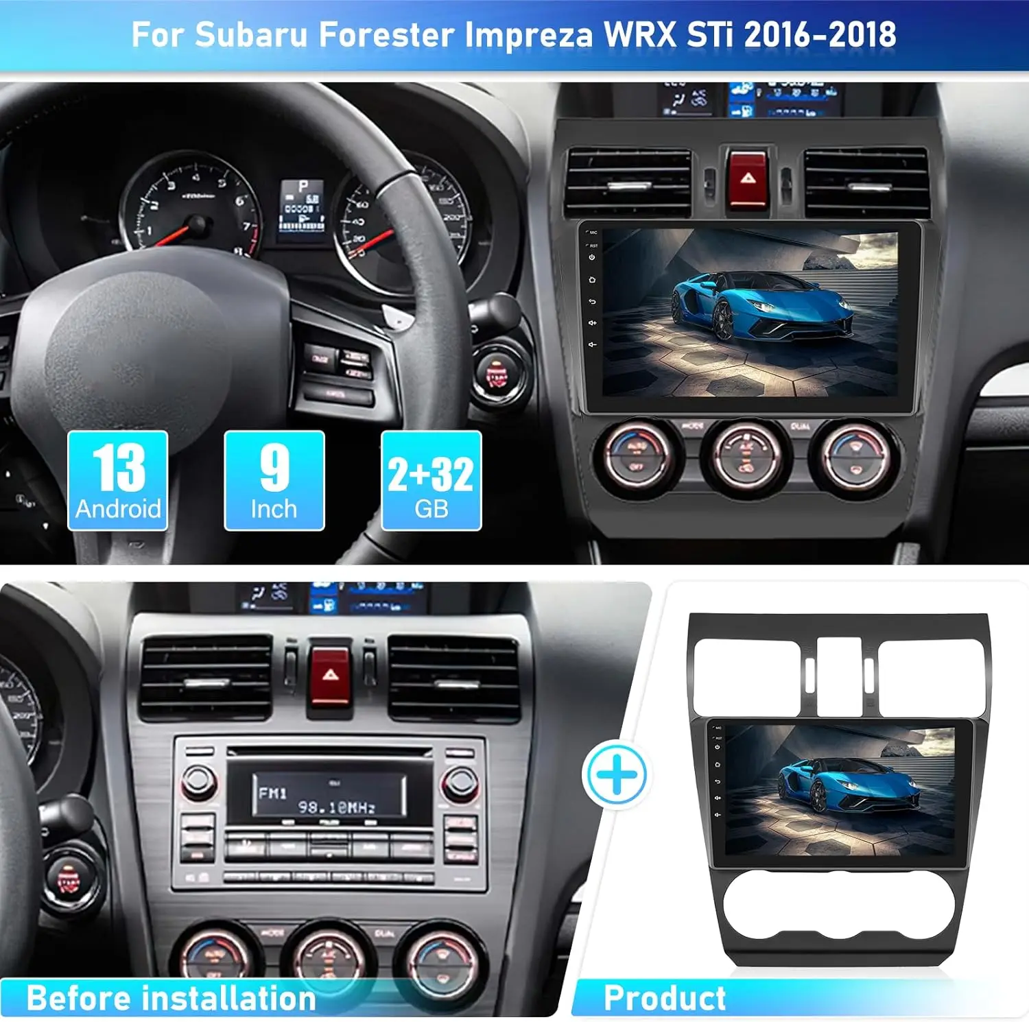 Android 13 Car Stereo for Subaru Forester Impreza WRX STi 2016-2018 with Carplay Android Auto 9'' HD Touchscreen Car Radio