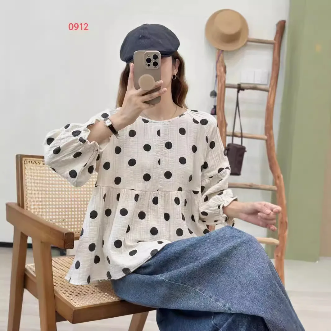 

Готовый запас] Высококачественная женская блузка из 100% хлопка, рубашка с круглым вырезом и длинным рукавом, грибковый край, свободная универсальная повседневная блузка в горошек, топ