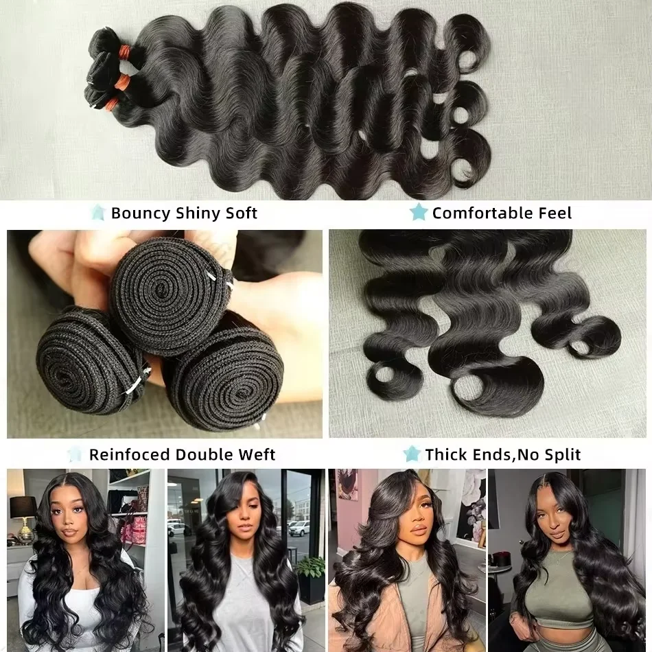 Cabelo Humano Cru Brasileiro Ondulado (Body Wave) - Pacotes de 3 ou 4 Unidades, 28-30 Polegadas, Extensões de Cabelo Virgem Remy para Mulheres, para Costurar ou Aplicar com Trama Rápida