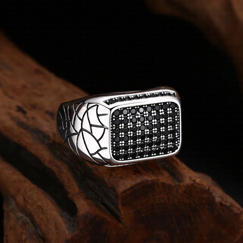 BOCAI S925 Sterling Silver Rings for Men Retro Crackle Pattern Inlaid Micro Zircon Rectangle New Fashion Punk Jewelry ﻿Wholesale