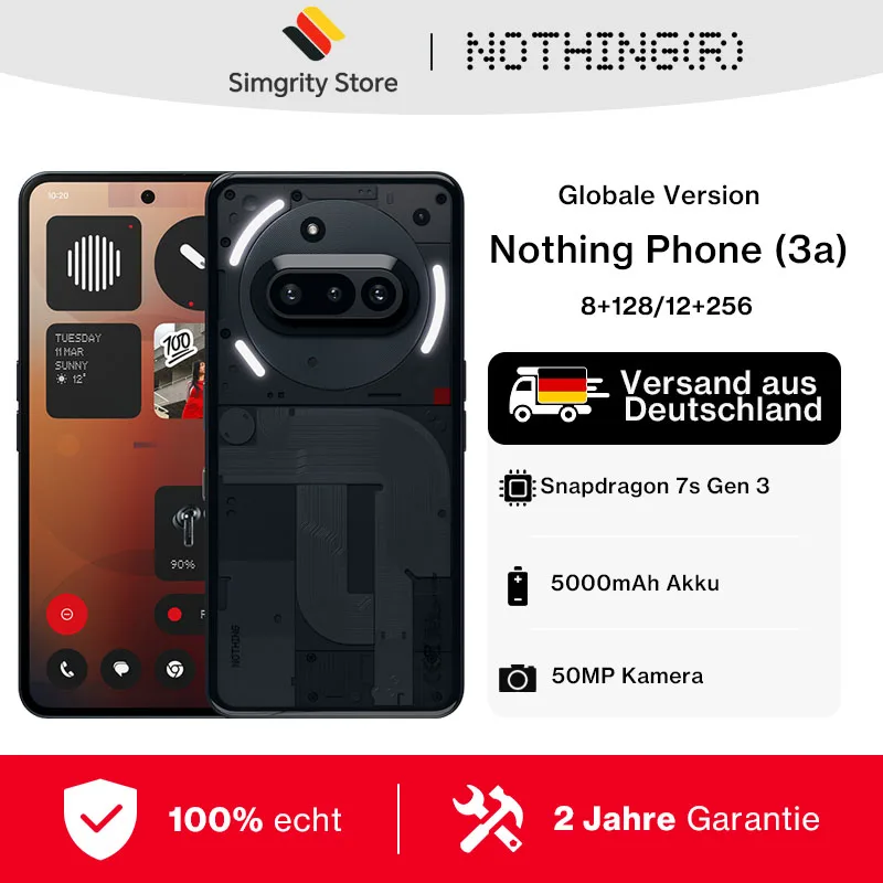 Smartphone Nothing Phone (3a) 5G 8 GB + 128 GB/12 GB + 256 GB, Snapdragon 7s Gen 3, display AMOLED flessibile da 6,77 pollici, batteria da 5000 mAh con ricarica da 50 W, versione globale,