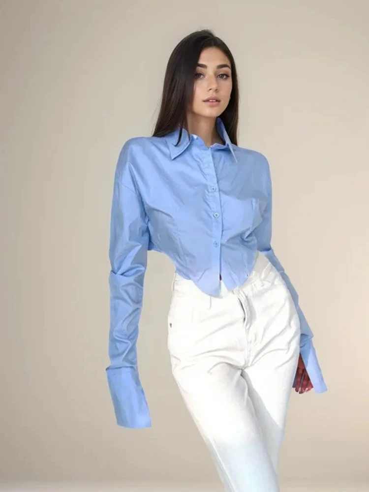 Zadily été 2025 Style coréen à manches longues chemise blanche Sexy bouton détail haut court femmes Streetwear Blouse femme vêtements