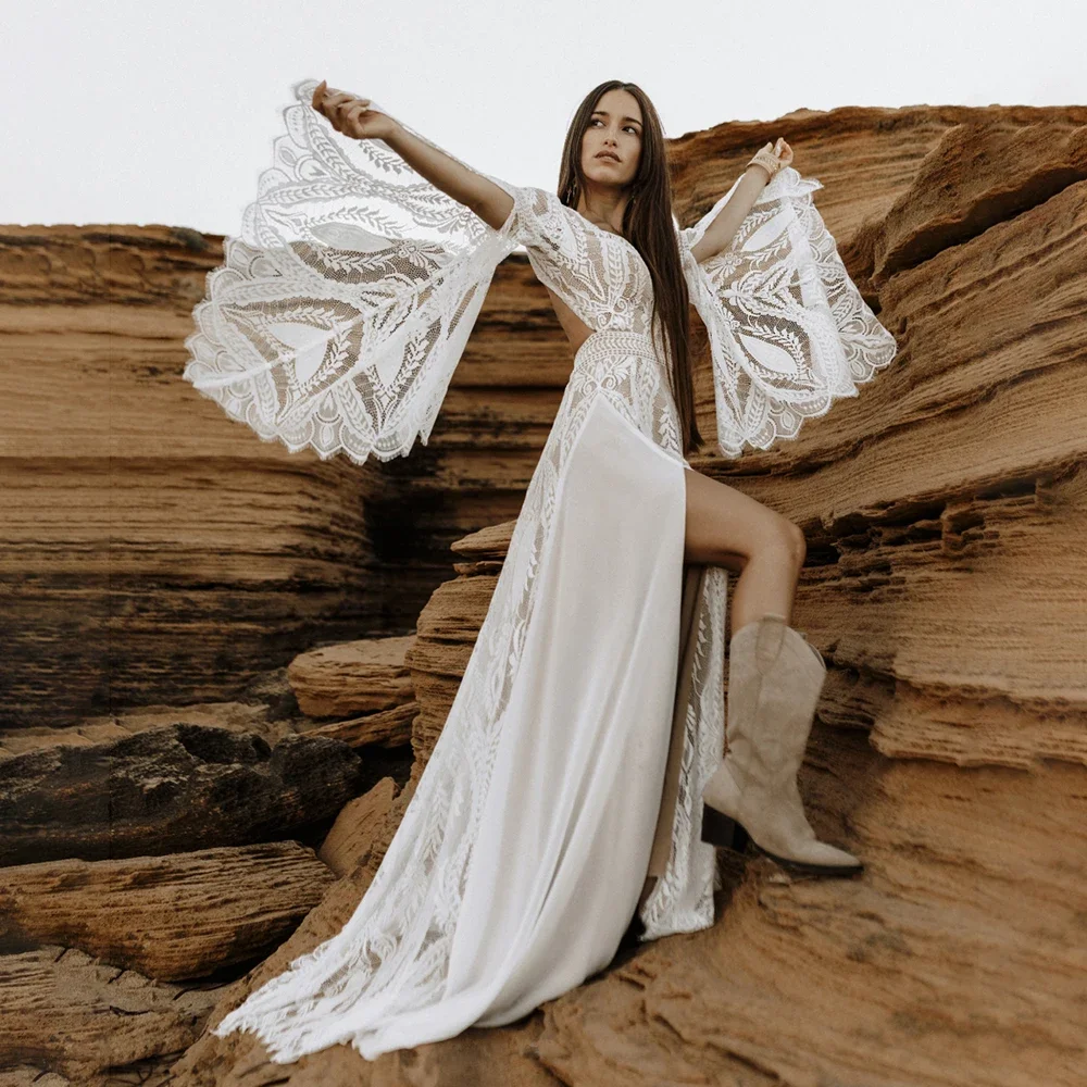 

Высококачественное свадебное платье в стиле бохо с рукавами-колокольчиками и V-образным вырезом спереди с разрезом на ноге и вырезом на спине, шифоновое кружево, свадебное платье по индивидуальному заказу