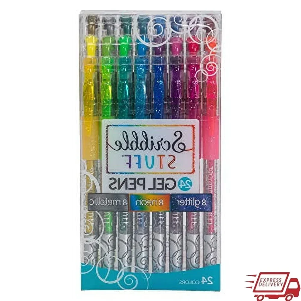 

24ct Gel Pens Set Glitter Neon Metallic Smooth Writing Assorted Colors Comfort Grip Pocket Clip Ideal Doodling Note Taking