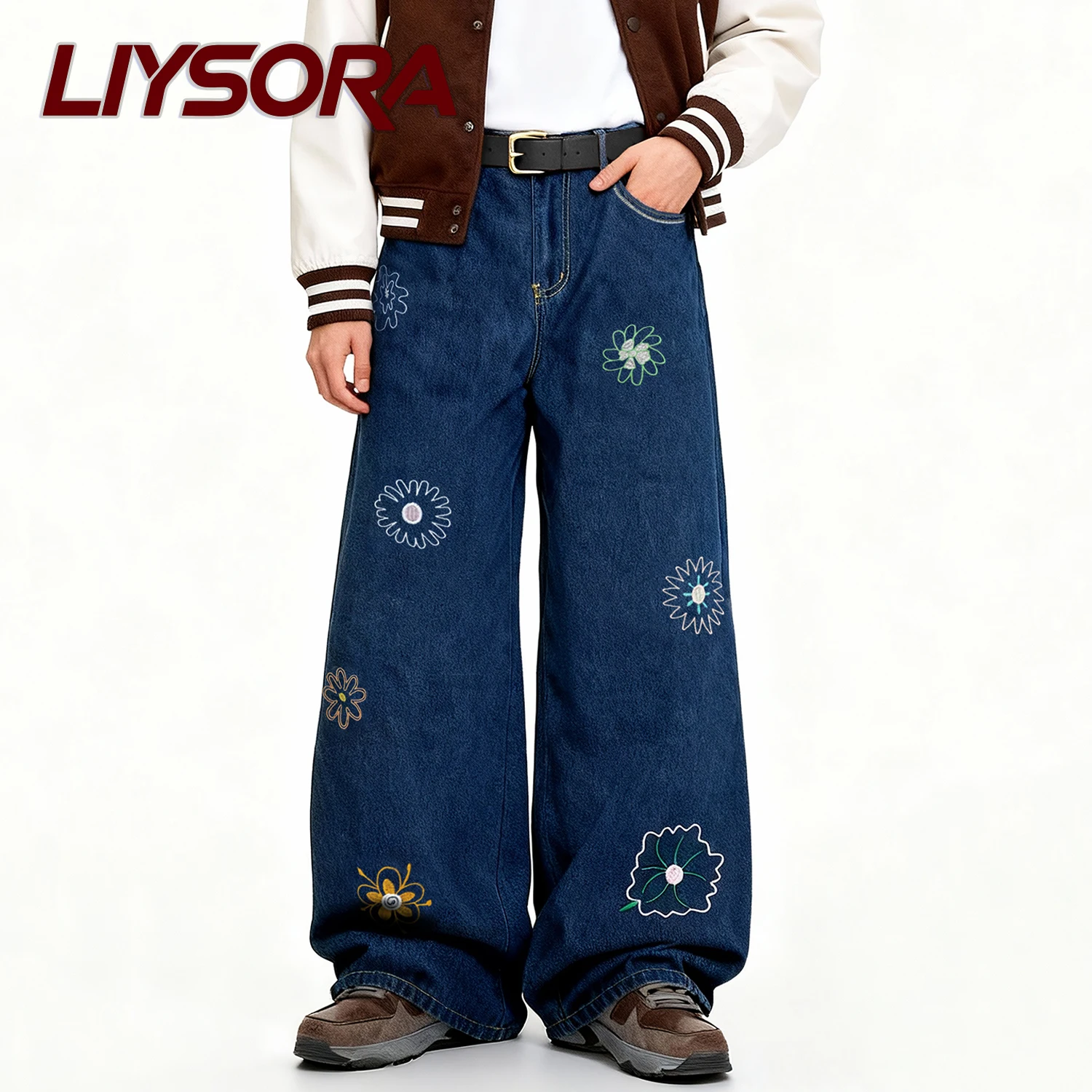 الكورية الأزرق الرجعية Y2K زهرة مطرزة فضفاض واسعة الساق جان للجنسين المتخصصة تصميم فضفاض الدنيم السراويل اليابانية ملابس رجالية غير رسمية #5
