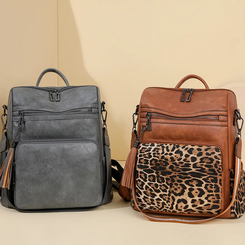 حقيبة ظهر نسائية من جلد البولي يوريثان، متعددة الجيوب، متعددة الوظائف، ذات سعة كبيرة لتخزين الكمبيوتر، حقيبة اليد والكتف #6