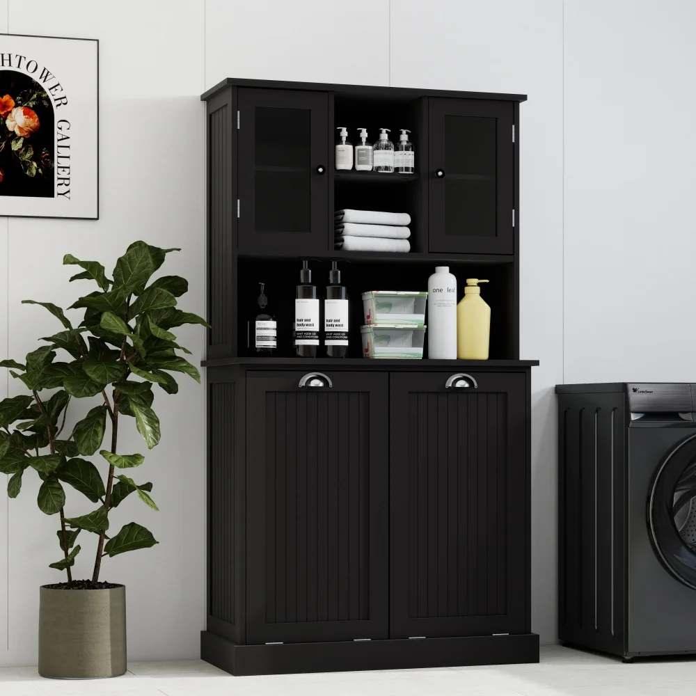 

Two-Compartment Tilt-Out Dirty Laundry Basket Tall Bathroom Cabinet with 2 Adjustable Shelves-Black