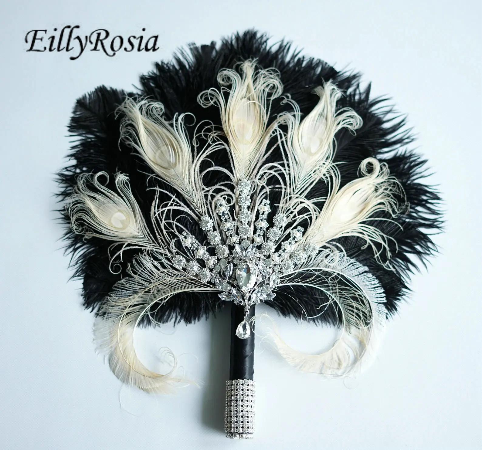 

EillyRosia Alternative 1920s Gatsby Brooch Bouquet Wedding Flapper Champagne Peacock and Black Ostrich Feather Bridal Fan Gold