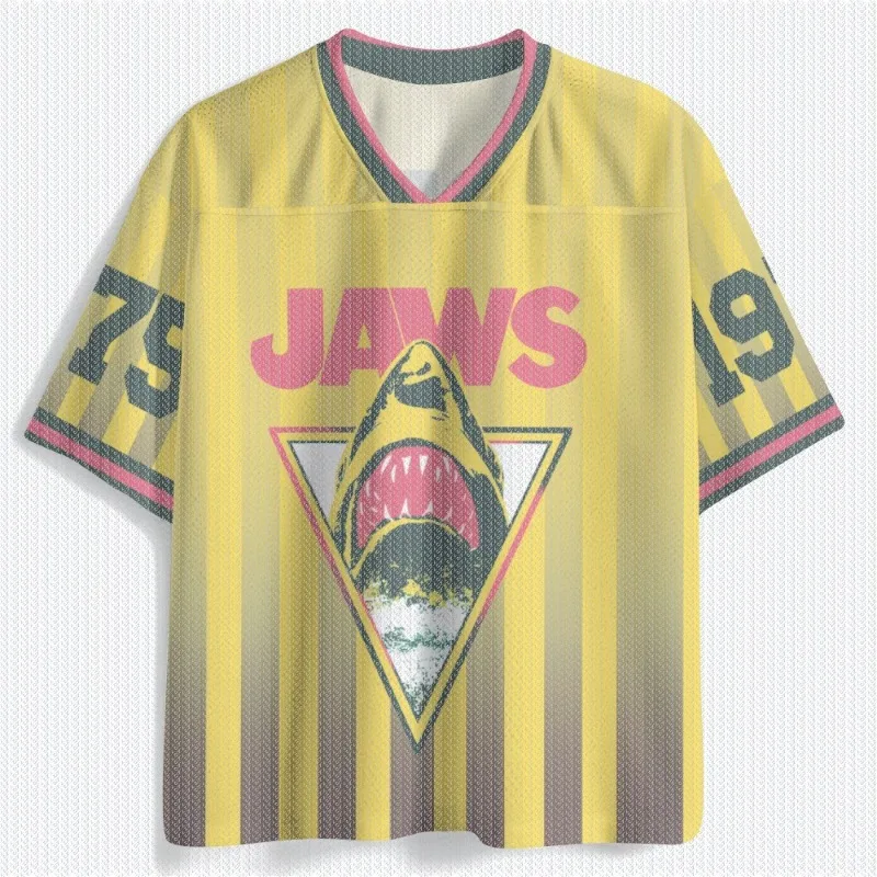 V Neck Yellow Vertical Stripe Mesh Jersey T Shirt Triangle Shark Graphic Number Print Front Back Sleeve Retro Streetwear Top image 2