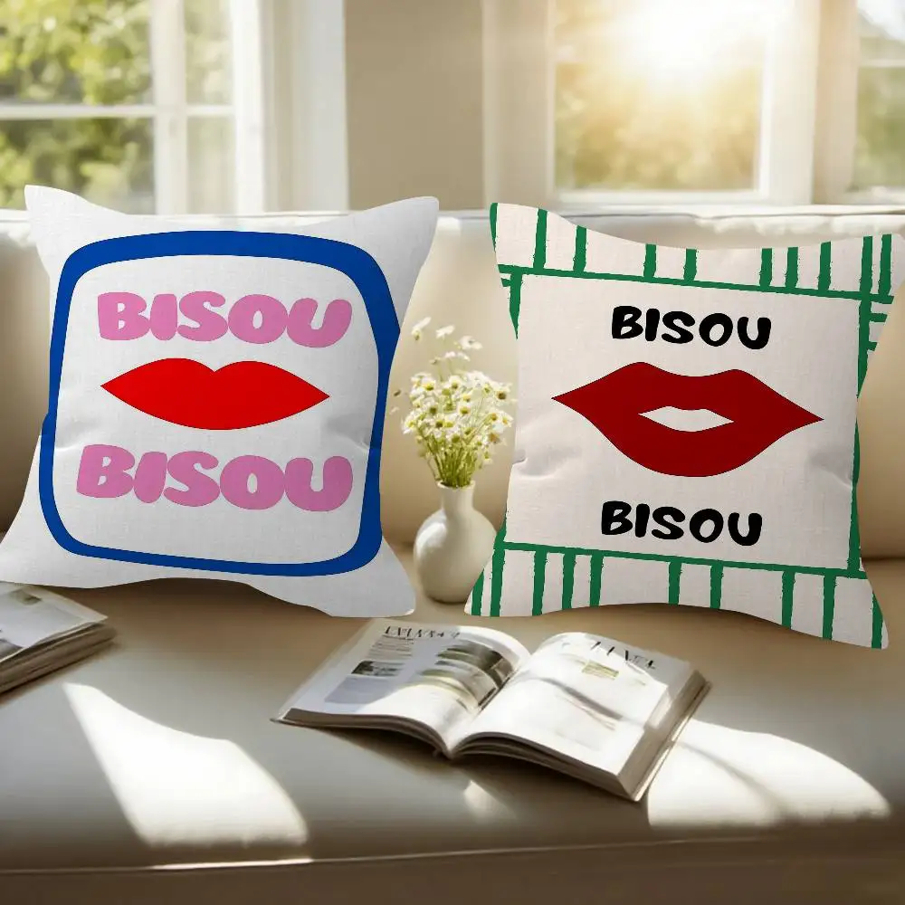 Maximalist Eclectic Pink French Quotes Bisou Room Aesthetics Pillow Case Home Bedroom Sofa Bed Couch Pillow Cover 45x45
