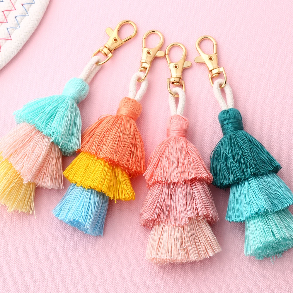 New Handmade Bohemian Bag Accessories Wholesale Three Layers Cotton Tassel Keychain Colorful Multi-layer Tassel Boho Accessory