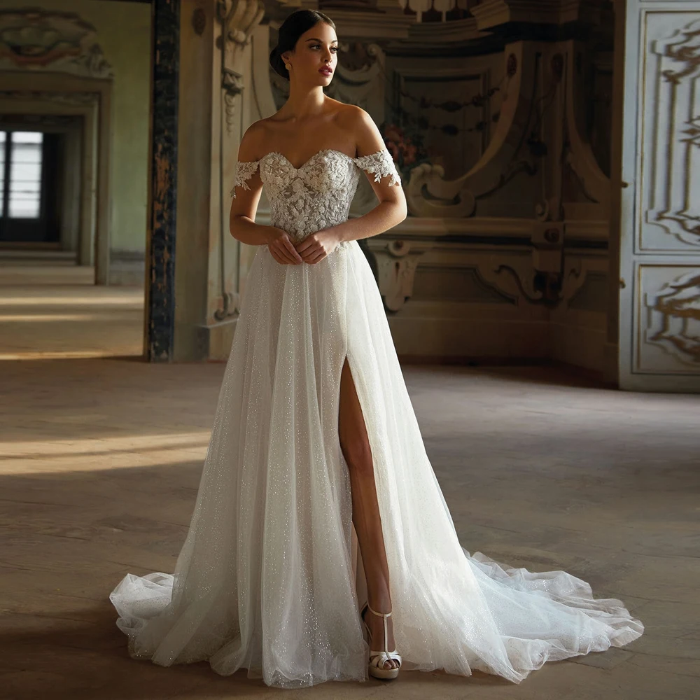 Vestidos de novia personalizados con mangas y hombros descubiertos, Vestido de novia sin tirantes con apliques de encaje y cremallera con abertura lateral