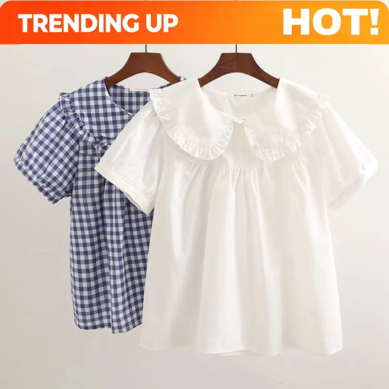 Customization Kawaii White Shirts Women Cutecore Plaid Peter Pan Collar Short Sleeve Blouses Summer Korean Fashion Long Sleeve T