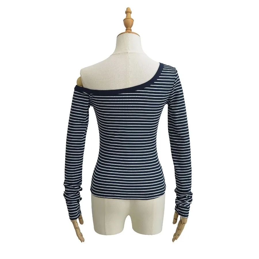 Autumn O-neck Silm Fashion T-shirt Women Stripes T Shirt Office Ladies Long Sleeve Top Casual Broad-shouldered Tees Y2k Clothes