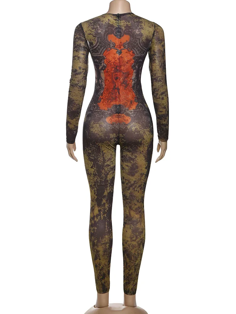 Mono ajustado ajustado con tirantes y tirantes elásticos para mujer con cuello redondo sexi de manga larga ropa de calle ceñida con cremallera de otoño