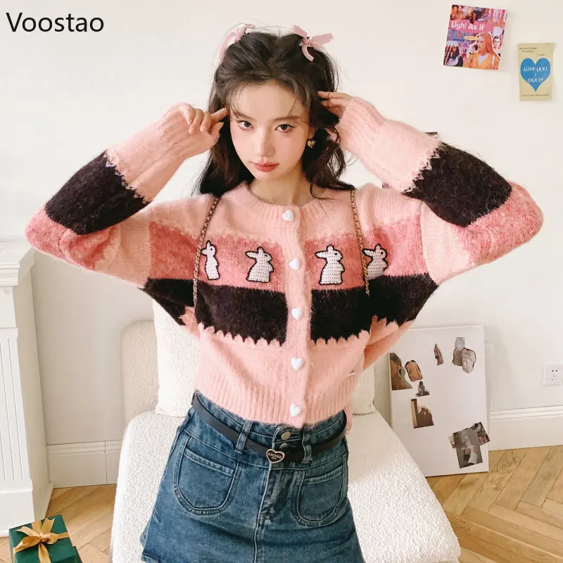 Y2k moda Kawaii Bunny sweter dziergany wiosna kobiety słodki O-Neck paski luźny sweter płaszcz jesień kobiet Chic dzianiny topy