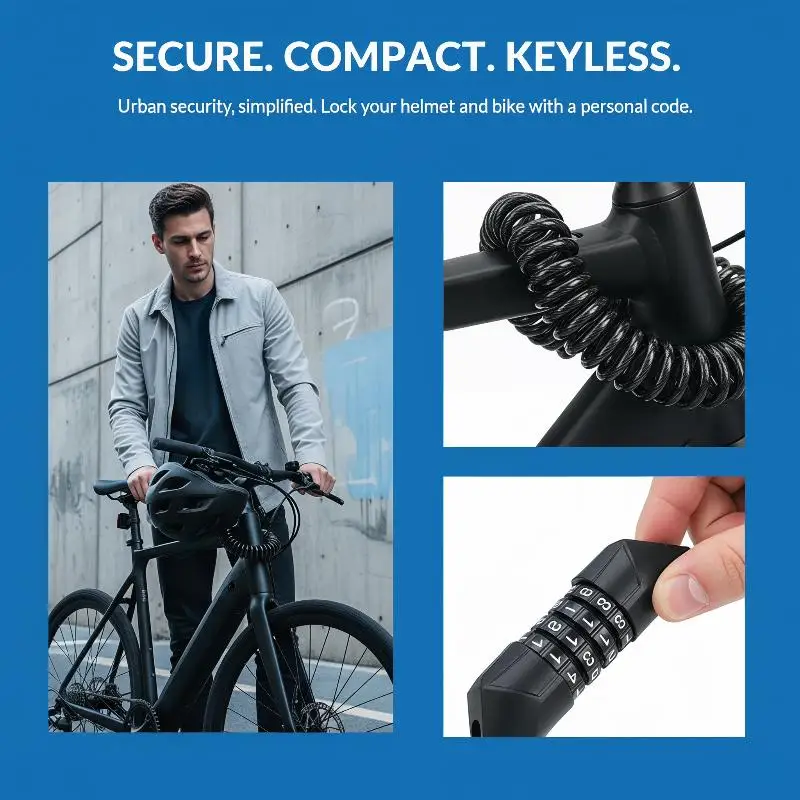 4 Digit Password Helmet Lock Cable Motorcycle Combination Black Strong Anti Theft Wire for Outdoor Biking Travel