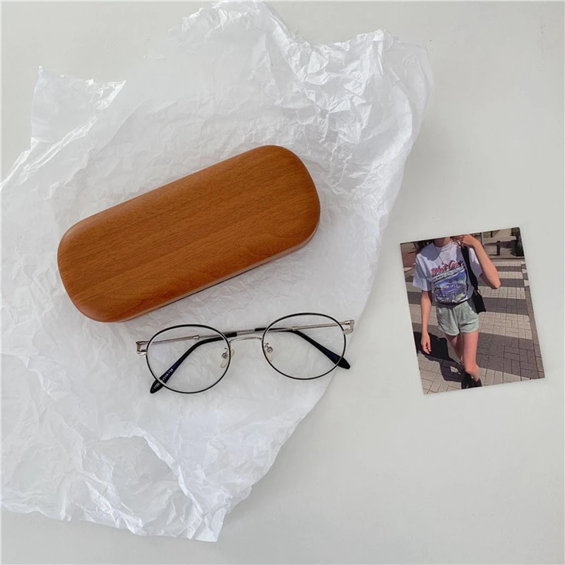 Portable Glasses Case Hard Wooden Grain Spectacle Frame Box Reading Glasses Sunglasses Holder Storage Case-Tea Brown