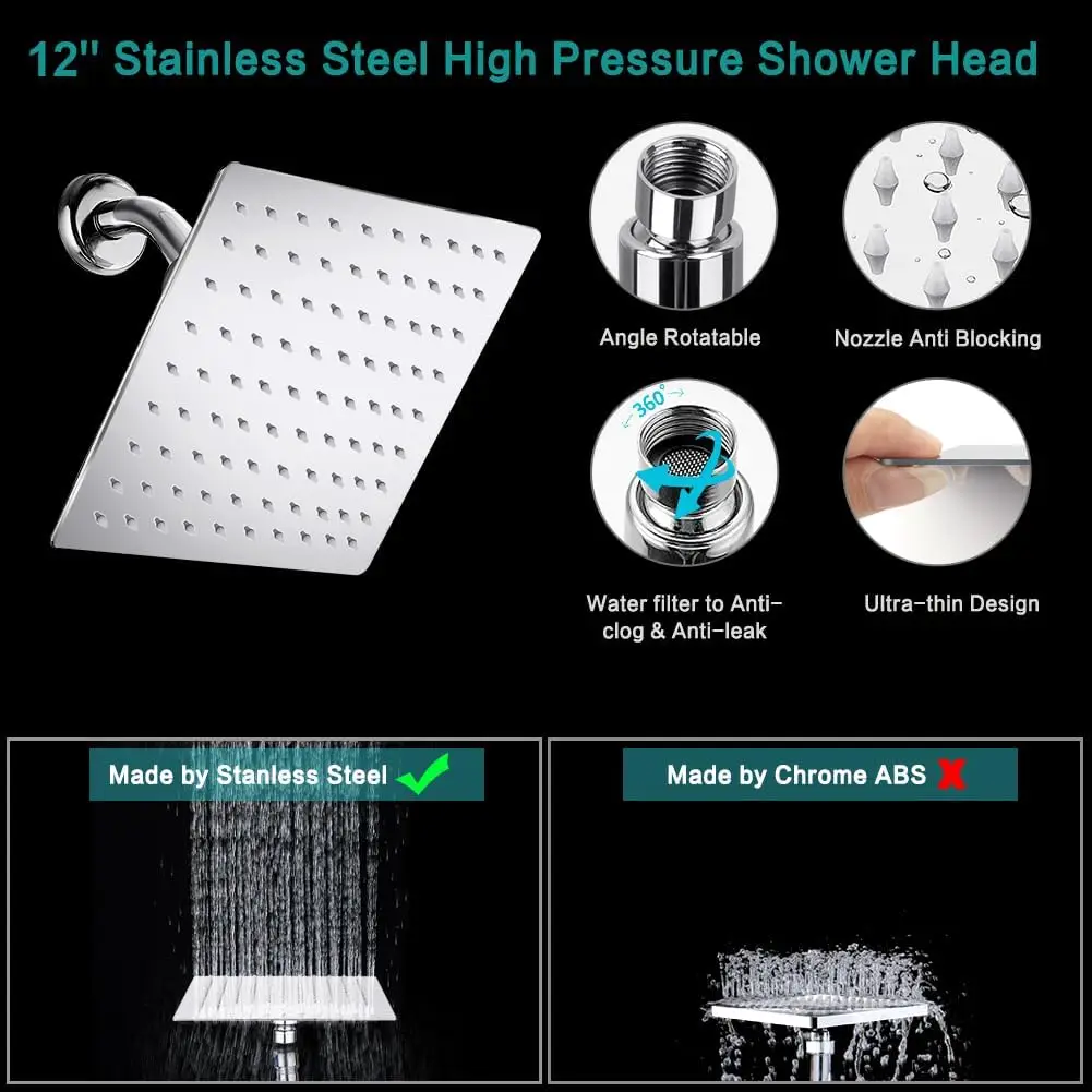 12 Inch High Pressure Rainfall Shower Head with Handheld Combo, 9 Settings Adjustable Anti-leak Design